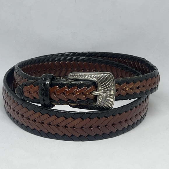 JUSTIN VINTAGE 1996 BRAIDED LEATHER BELT BROWN/ BLACK  WITH SILVER BUCKLE SIZE38 - Picture 1 of 8